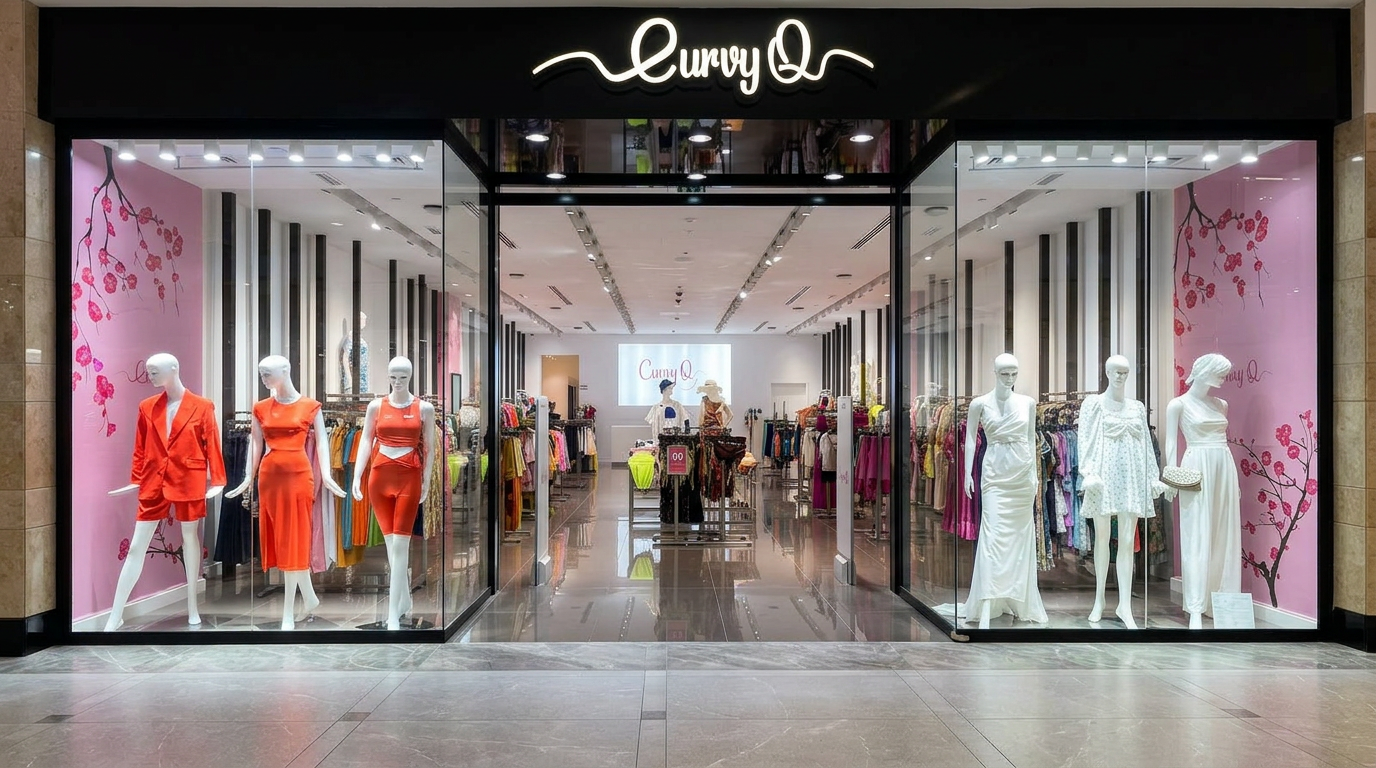 Curvy Q flagship boutique storefront at Abu Dhabi Mall — illuminated neon Curvy Q signage above the entrance with mannequins in coral and ivory eveningwear in the windows